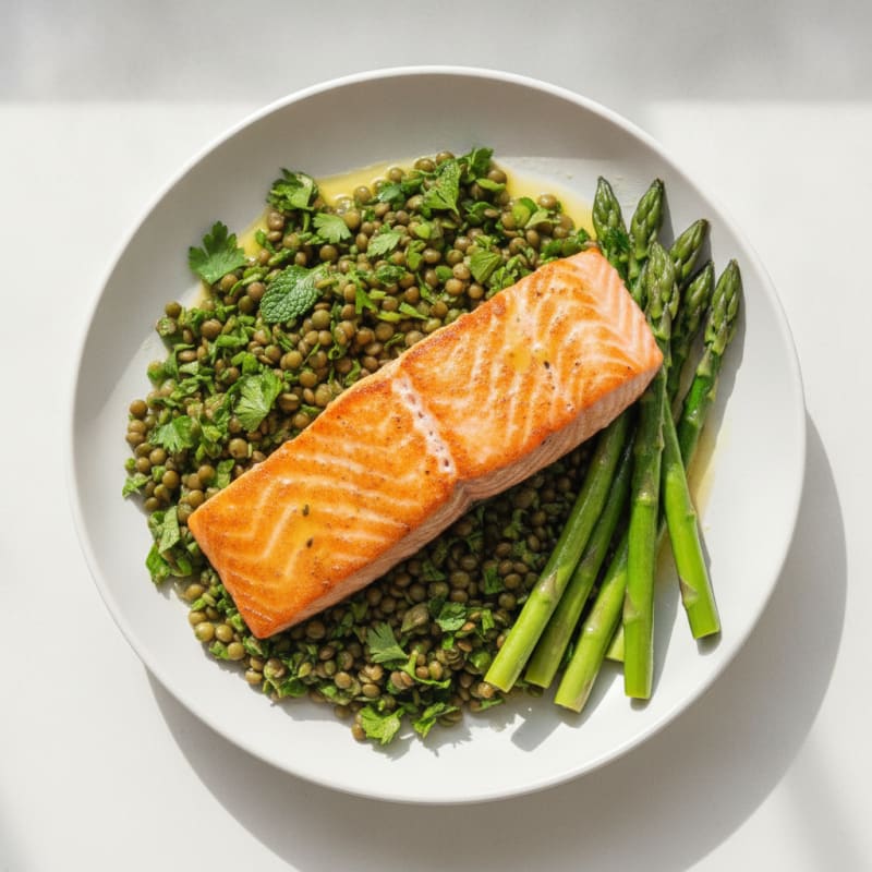 Seared Salmon Fillet with Lentil Salad and Steamed Asparagus