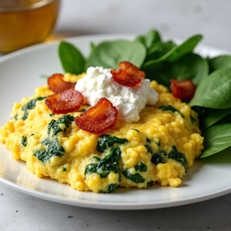 Egg White Spinach Scramble with Cottage Cheese and Turkey Bacon