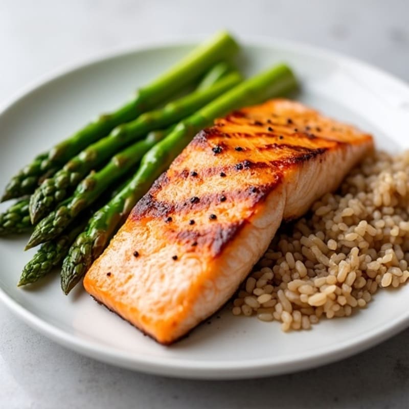 Seared Salmon Fillet with Steamed Asparagus and Brown Rice