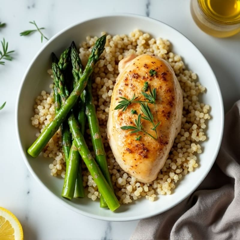 Lemon Herb Roasted Chicken with Crispy Asparagus and Quinoa