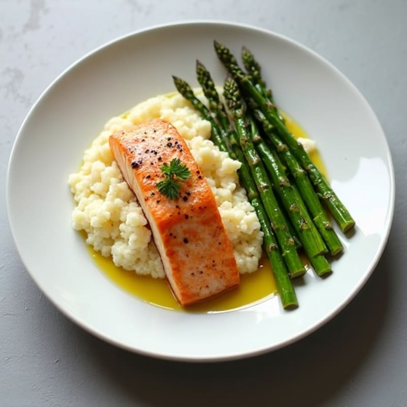 Seared Salmon Fillet with Steamed Asparagus and Cauliflower Mash