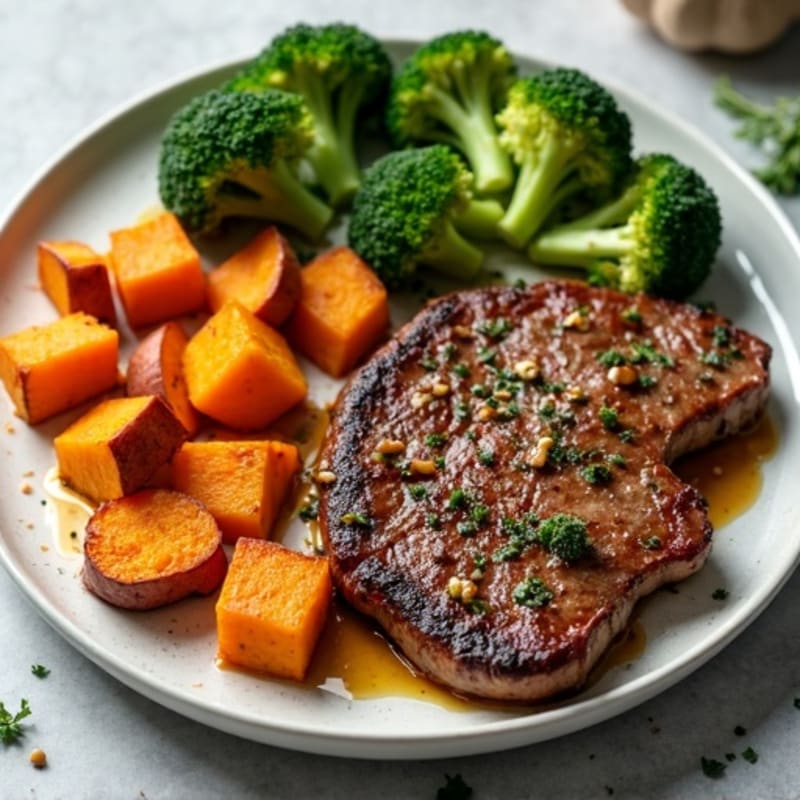 Garlic Herb Pan-Seared Sirloin Steak with Roasted Sweet Potatoes and Broccoli