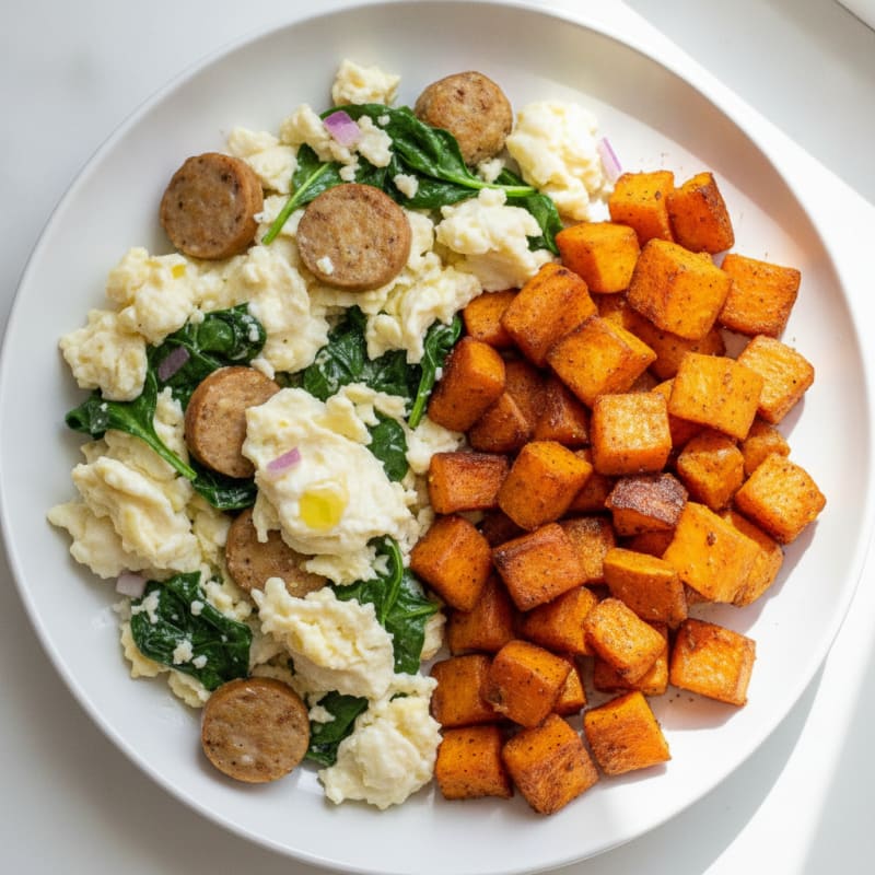 Egg White and Chicken Sausage Scramble with Spinach and Roasted Sweet Potato