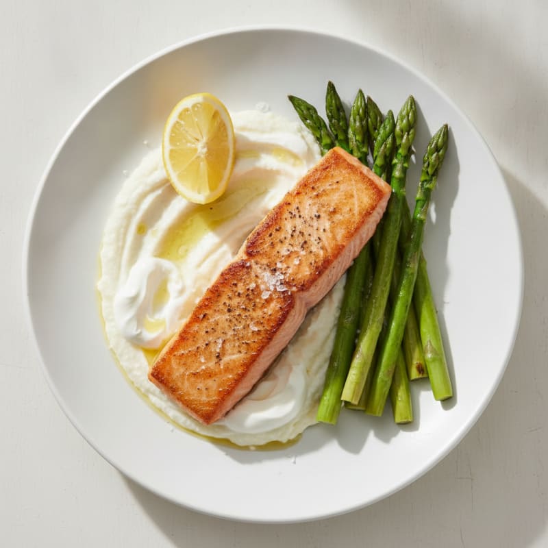 Seared Salmon Fillet with Steamed Asparagus and Cauliflower Mash