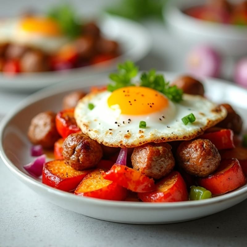 Hearty Egg and Turkey Sausage Hash with Crispy Sweet Potatoes