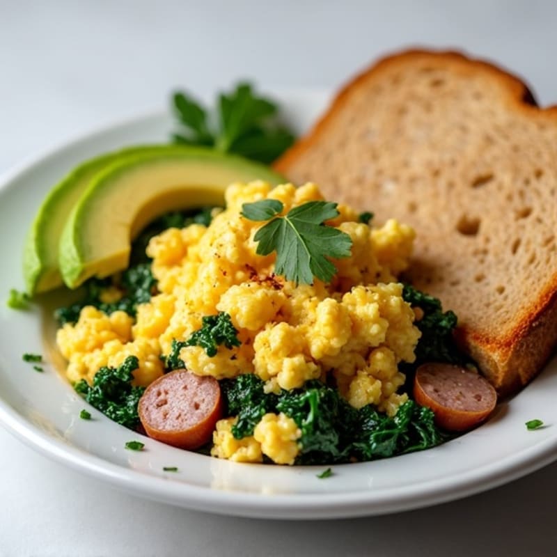 Egg White Scramble with Turkey Sausage and Sautéed Spinach