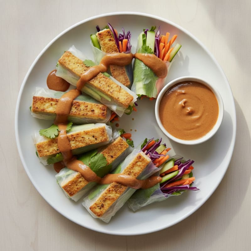 Baked Tofu Spring Rolls with Peanut Sauce