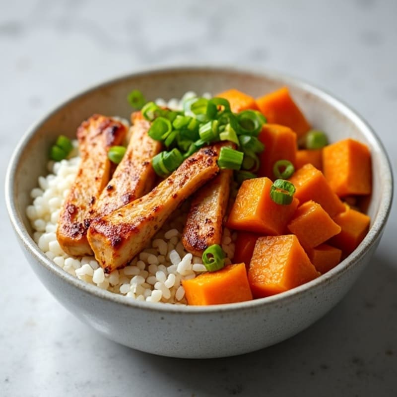 Honey-Garlic Chicken with Roasted Sweet Potato Rice Bowl