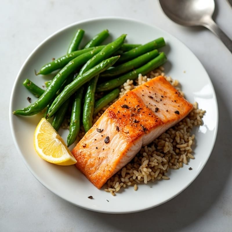 Seared Salmon with Garlic Green Beans and Brown Rice