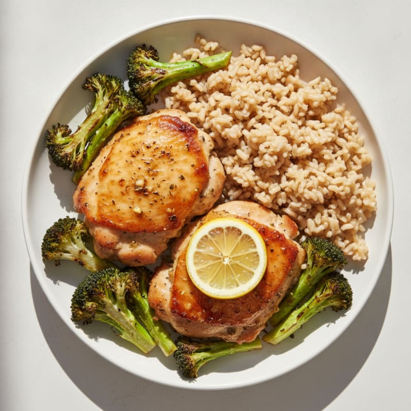 Herb-Baked Chicken Thighs with Brown Rice and Roasted Vegetables