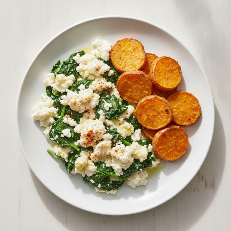 Egg White and Spinach Scramble with Cottage Cheese and Sautéed Sweet Potatoes
