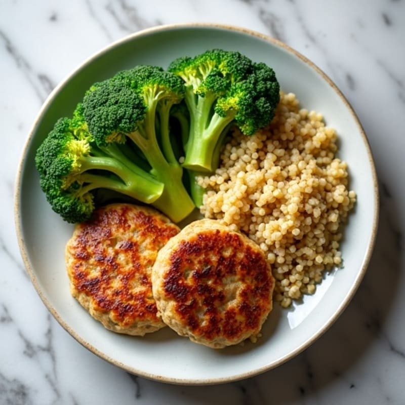Seared Turkey Patties with Steamed Broccoli and Quinoa
