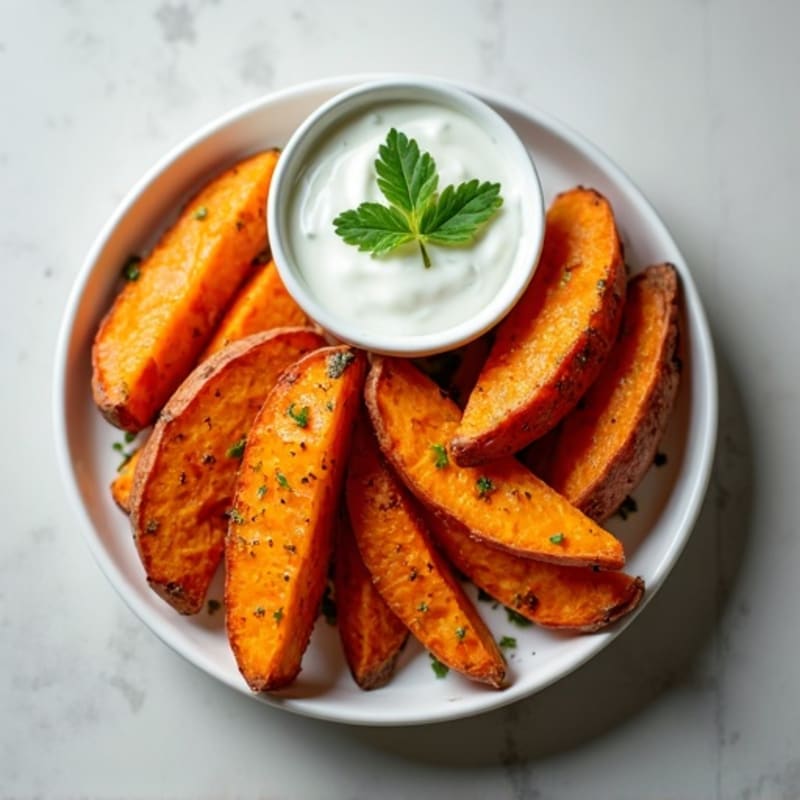 Crispy Baked Sweet Potato Wedges with Garlic-Herb Greek Yogurt Dip and Hard-Boiled Egg