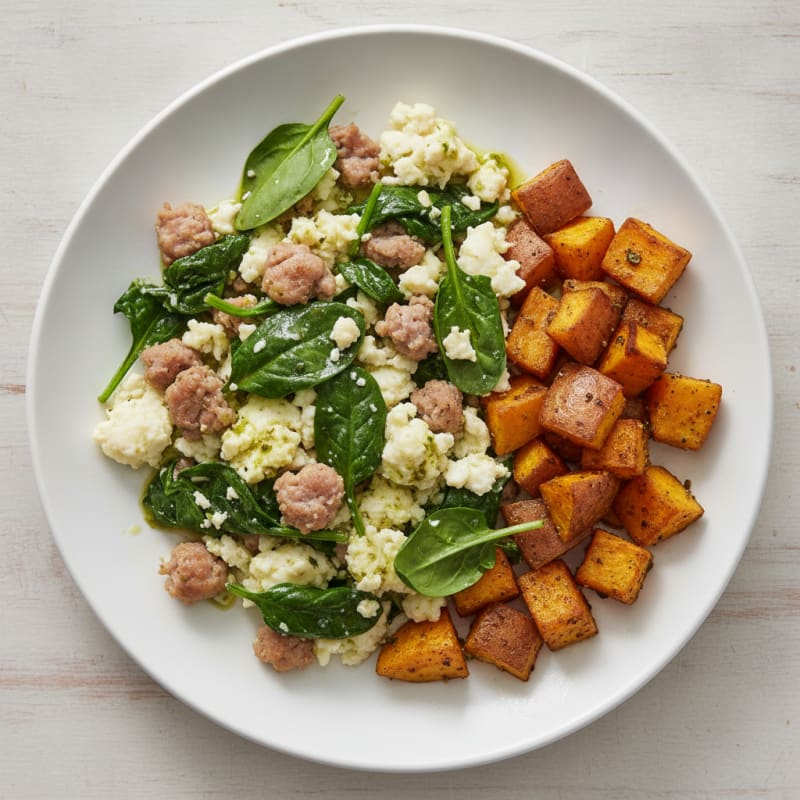 Egg White and Turkey Sausage Scramble with Spinach and Roasted Sweet Potatoes