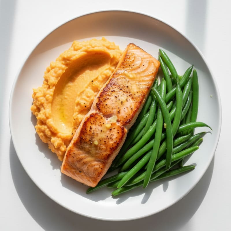 Seared Salmon with Steamed Green Beans and Sweet Potato Mash