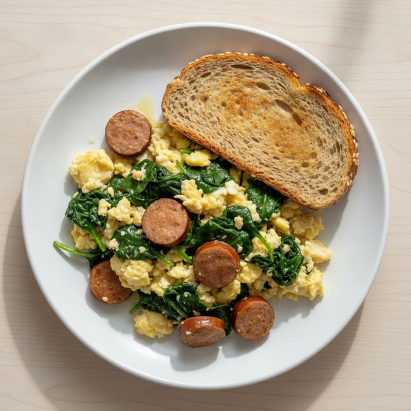 Egg White Scramble with Turkey Sausage and Sautéed Spinach