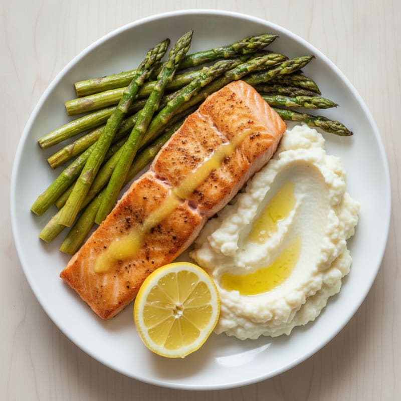 Seared Salmon with Roasted Asparagus and Cauliflower Mash