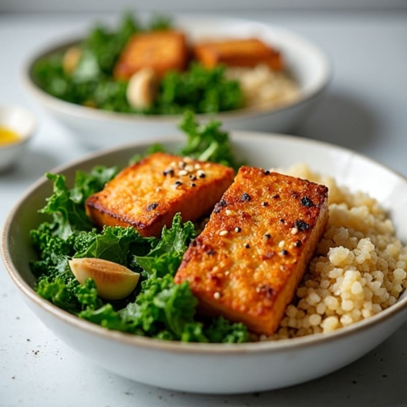 Crispy Baked Tofu with Garlicky Greens and Quinoa
