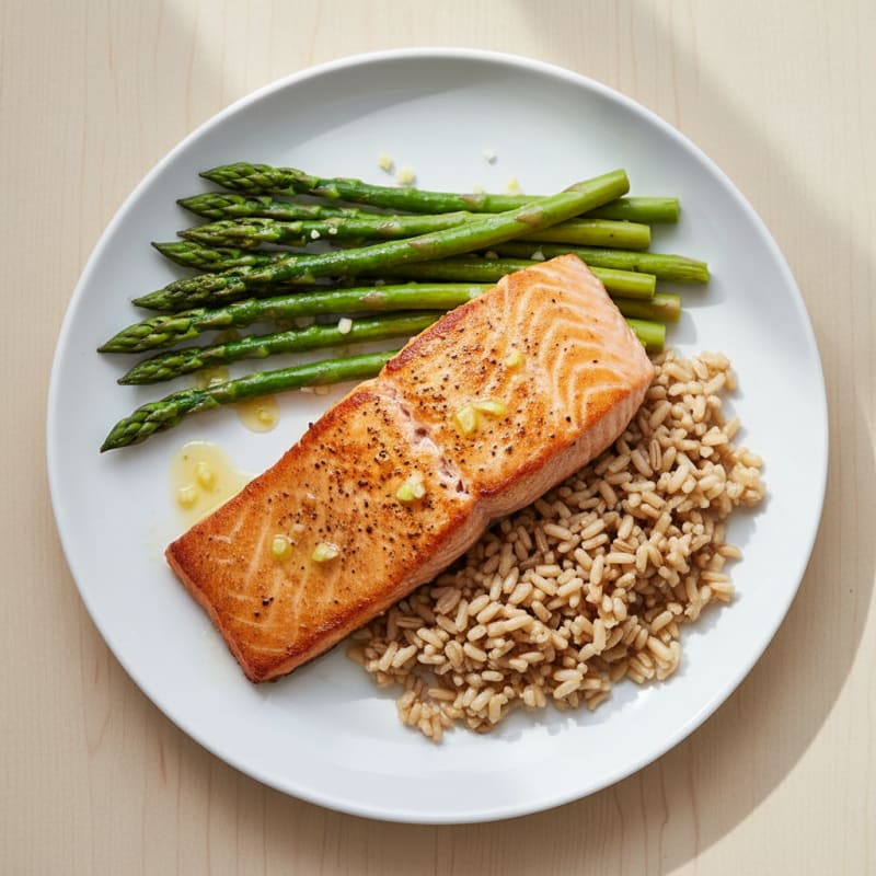 Seared Salmon with Steamed Asparagus and Brown Rice