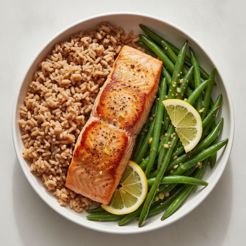 Seared Salmon with Garlic Green Beans and Brown Rice