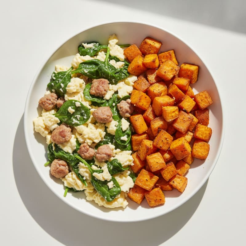 Egg White Spinach Scramble with Turkey Sausage and Roasted Sweet Potatoes