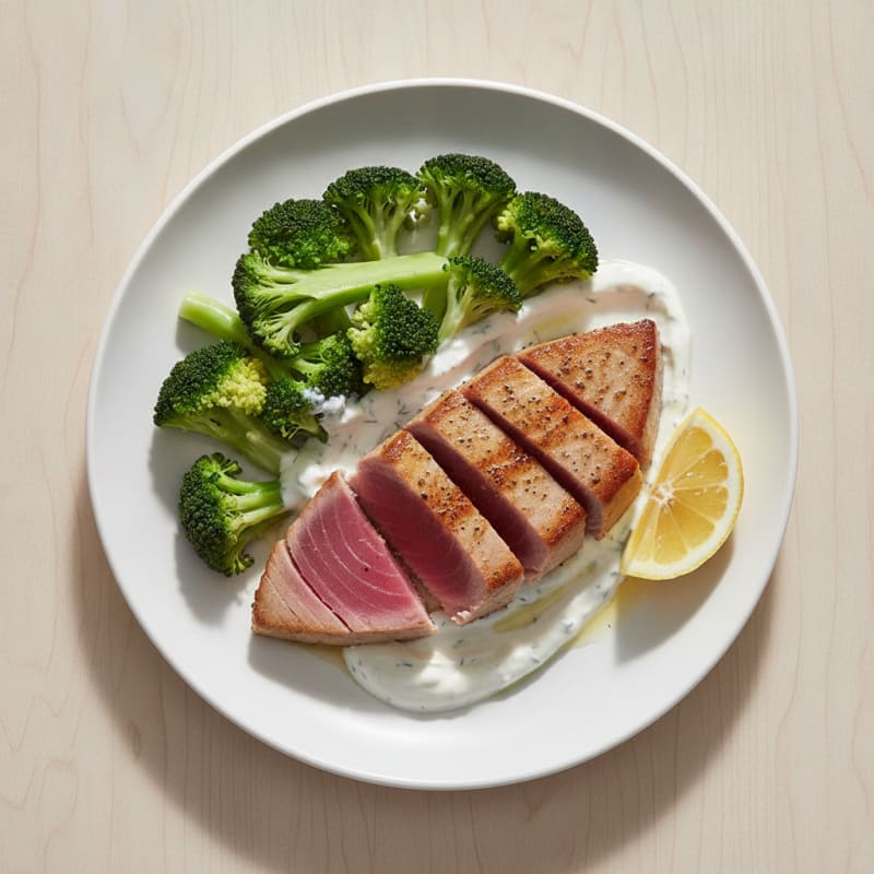 Seared Tuna Steak with Steamed Broccoli and Greek Yogurt Dill Sauce