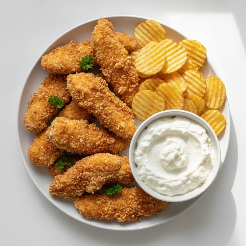 Crispy Chicken Tenders with Cottage Cheese Dip and Baked Potato Chips