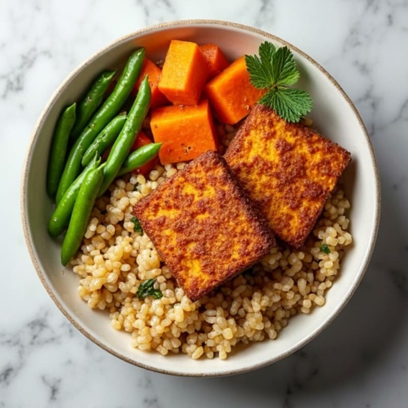Crispy Baked Tofu with Roasted Sweet Potato Quinoa Bowl
