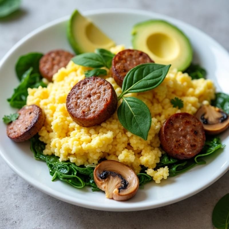 Egg White Spinach Scramble with Turkey Sausage and Sautéed Mushrooms