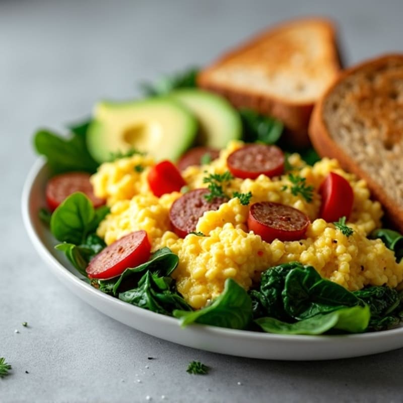 Egg White and Turkey Sausage Scramble with Sautéed Spinach