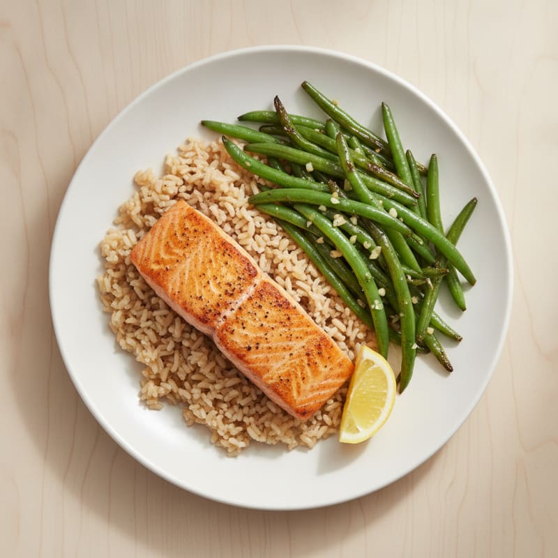 Seared Salmon Fillet with Garlic Green Beans and Brown Rice