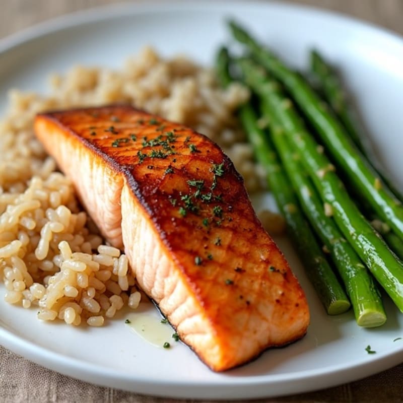 Seared Salmon with Steamed Asparagus and Brown Rice
