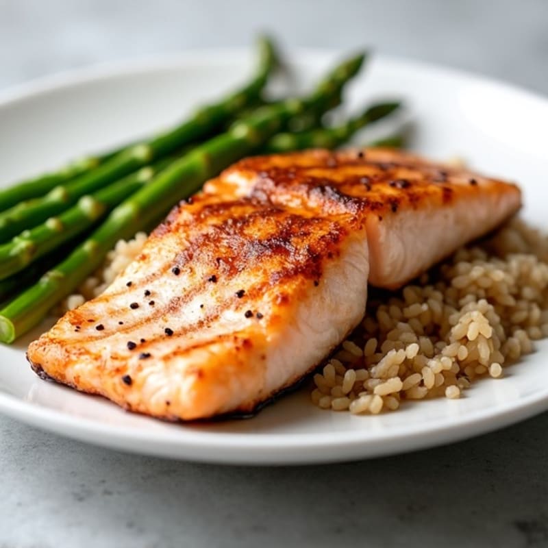 Seared Salmon Fillet with Steamed Asparagus and Brown Rice