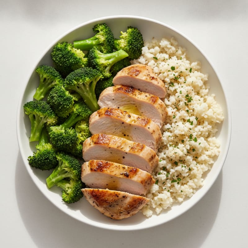 Seared Turkey Breast with Steamed Broccoli and Cauliflower Rice