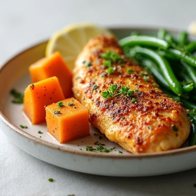 Crispy Lemon Herb Chicken with Roasted Sweet Potatoes and Sautéed Green Beans