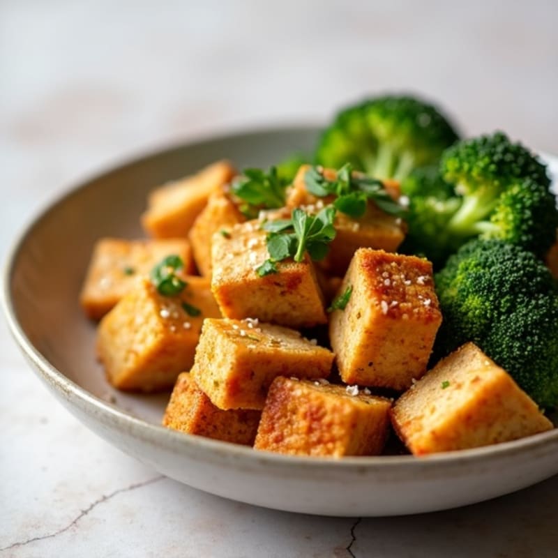 Crispy Baked Tofu with Roasted Broccoli and Creamy Peanut Sauce