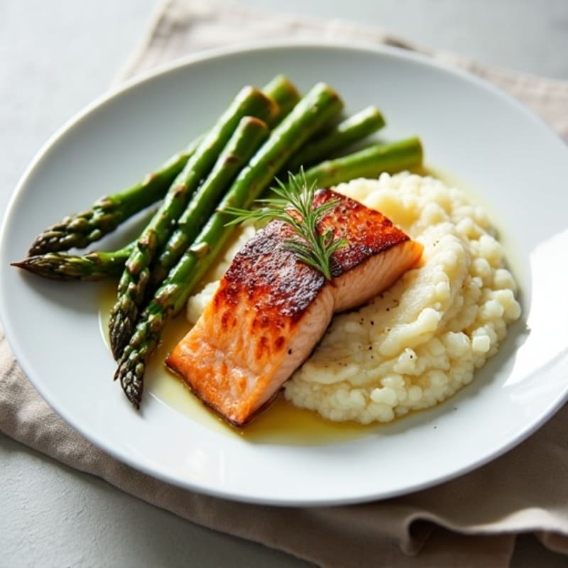 Seared Salmon Fillet with Roasted Asparagus and Cauliflower Mash