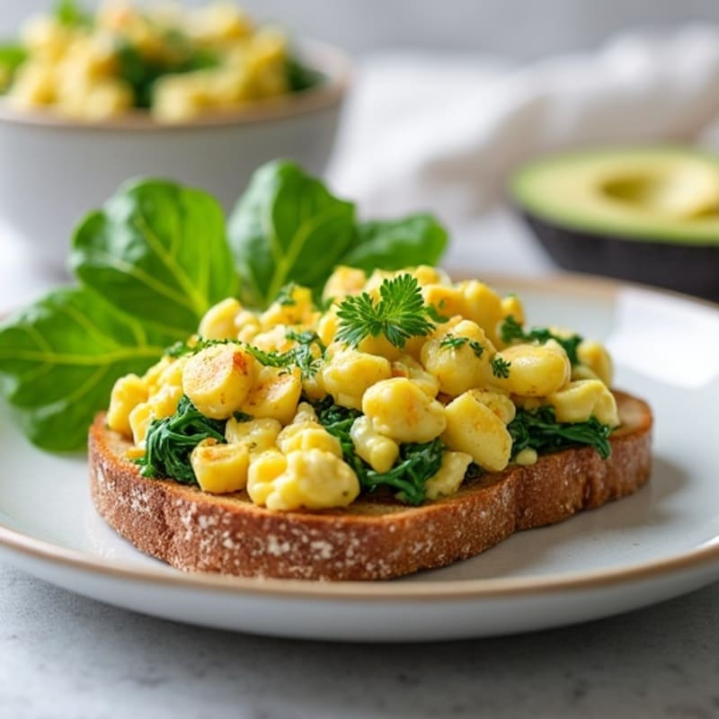 Egg White Scramble with Seitan and Spinach on Whole Grain Toast with Avocado