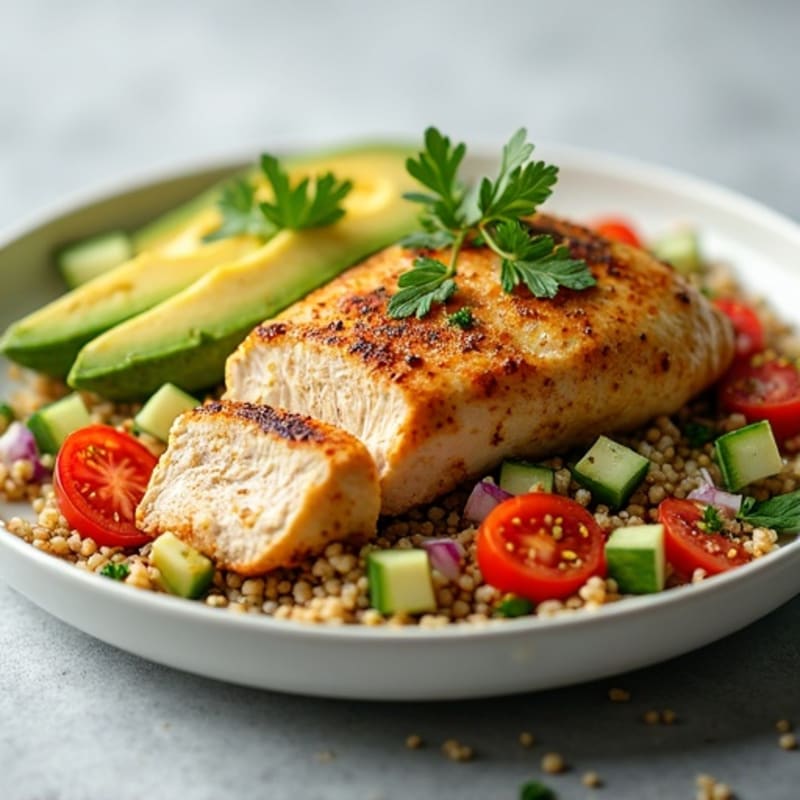 Grilled Chicken Breast with Quinoa Tabbouleh and Sliced Avocado