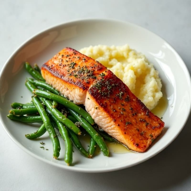Seared Salmon with Steamed Green Beans and Cauliflower Mash
