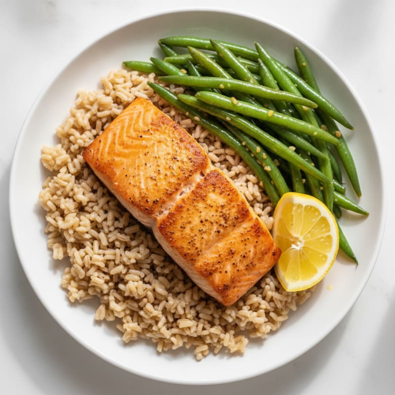 Seared Salmon with Garlic Green Beans and Brown Rice