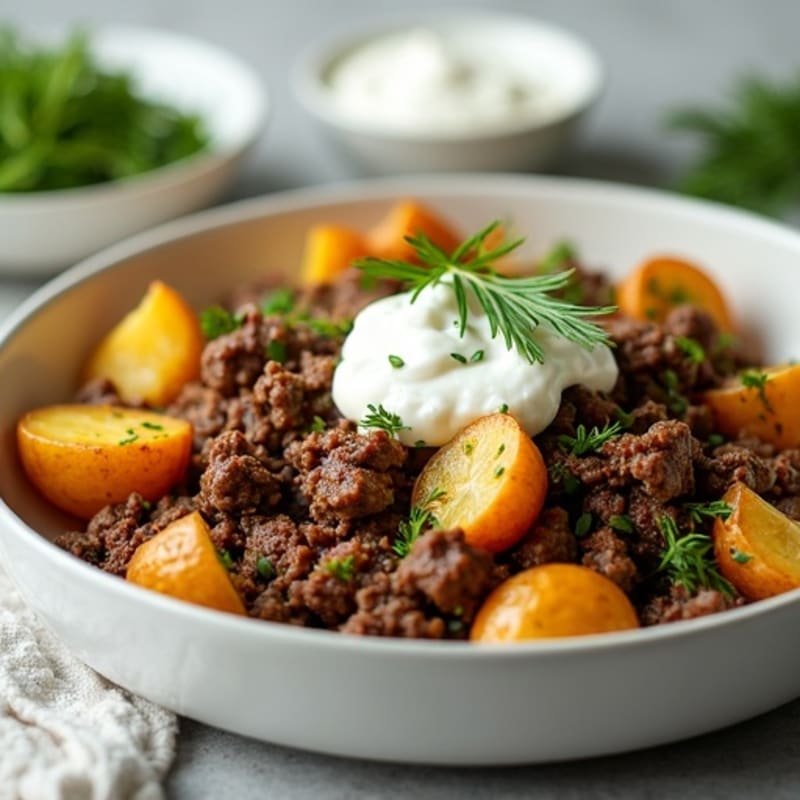 Lean Ground Beef & Herb Skillet with Tender Roasted Potatoes and Creamy Dill Dressing