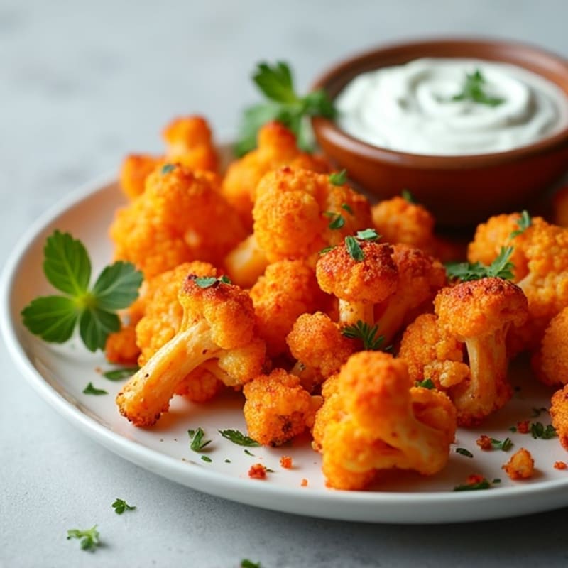 Crispy Buffalo Roasted Cauliflower Bites with Greek Yogurt Blue Cheese Dip