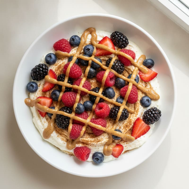 Silky Protein Greek Yogurt with Mixed Berries and Almond Butter