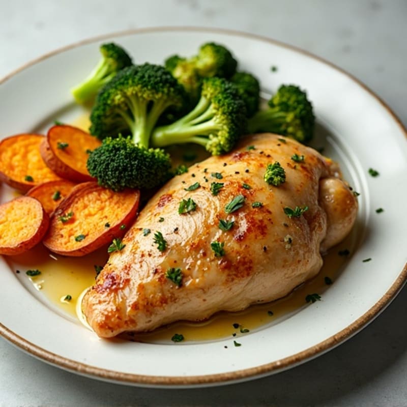 Lemon Herb Roasted Chicken with Crispy Broccoli and Sweet Potato