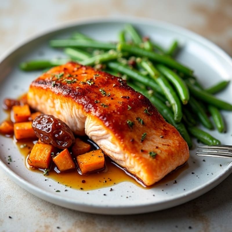 Sticky Date Glazed Salmon with Roasted Sweet Potatoes and Crispy Green Beans