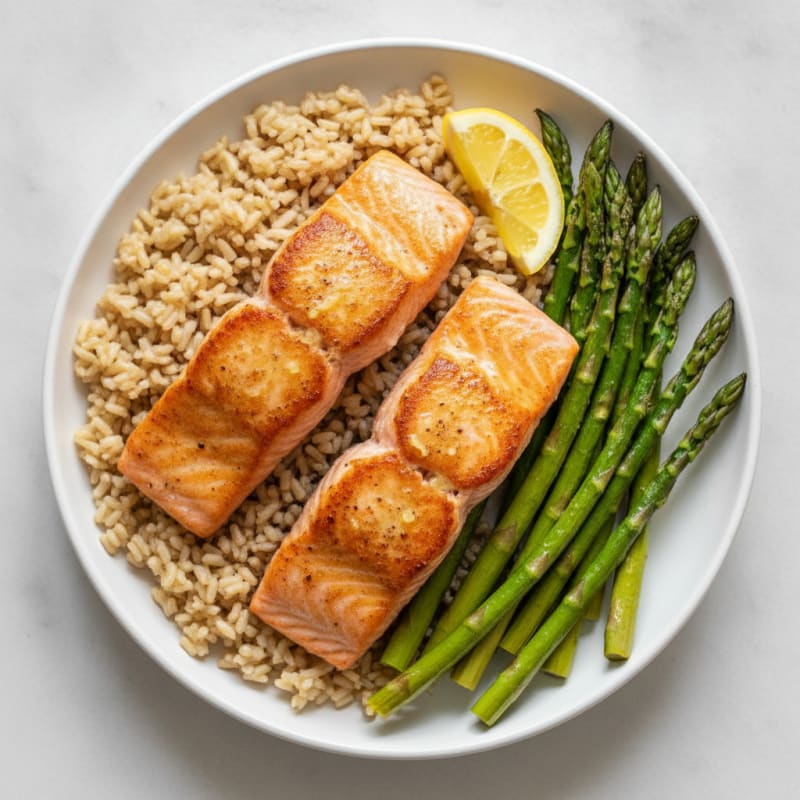 Seared Salmon with Roasted Asparagus and Brown Rice