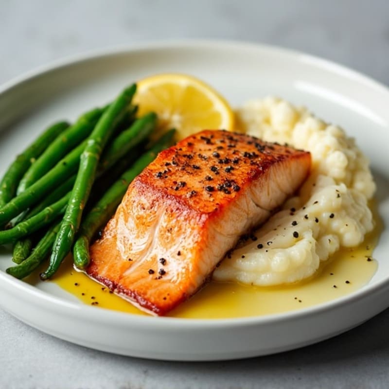Seared Salmon Fillet with Garlic Green Beans and Cauliflower Mash