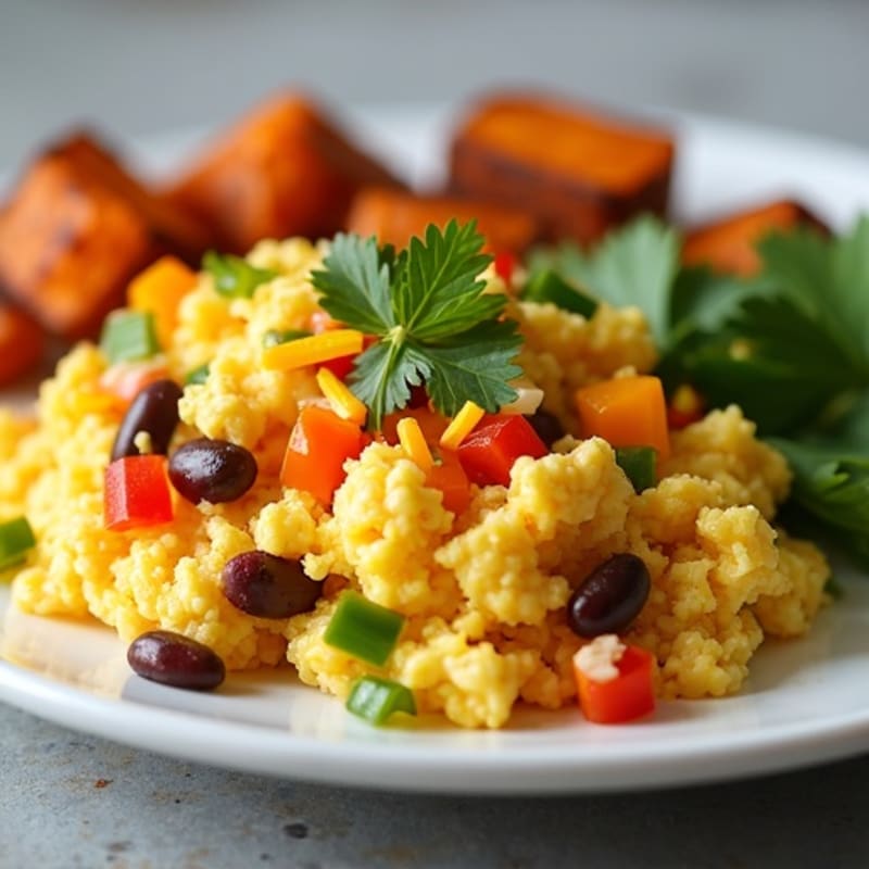 Fluffy Veggie Egg Scramble with Crispy Sweet Potatoes