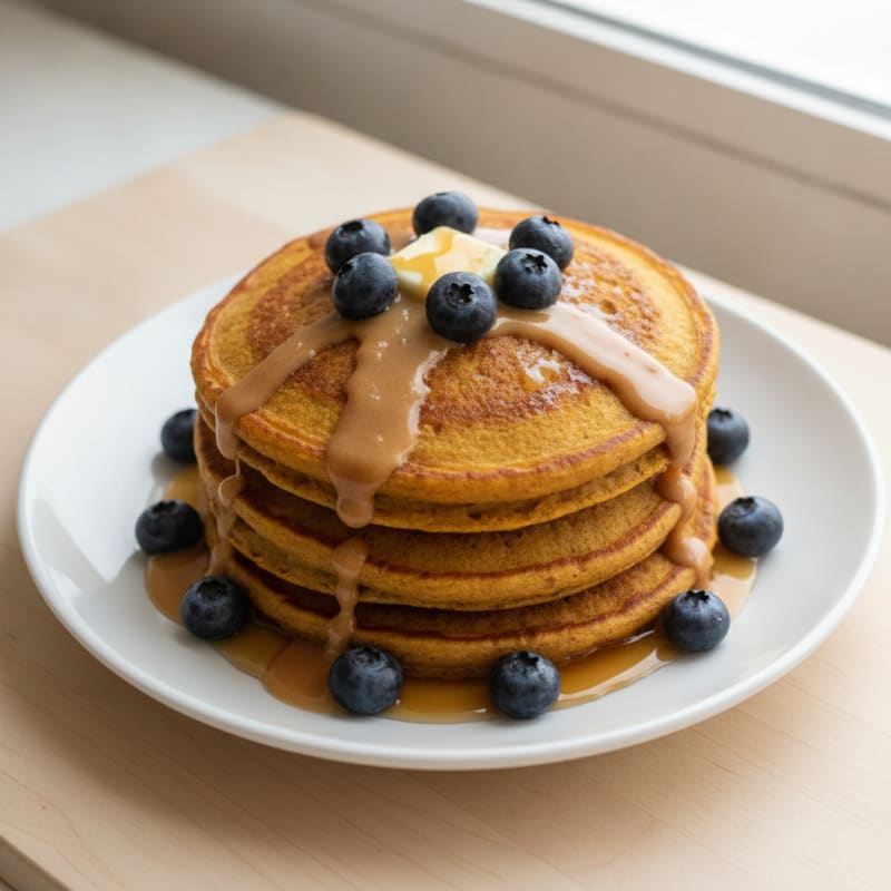 Pumpkin Spice Protein Pancakes with Peanut Butter